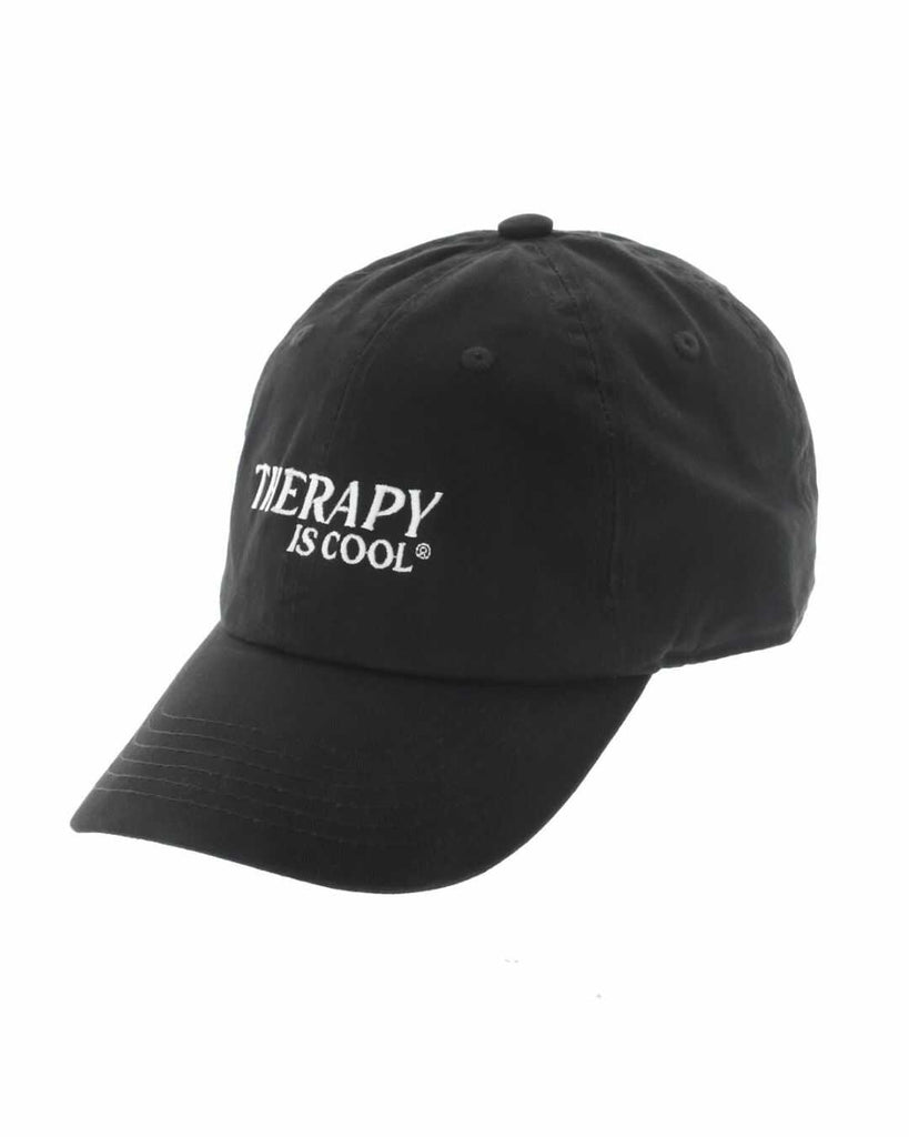 Therapy Is Cool Hat, side photo, black cap and white lettering