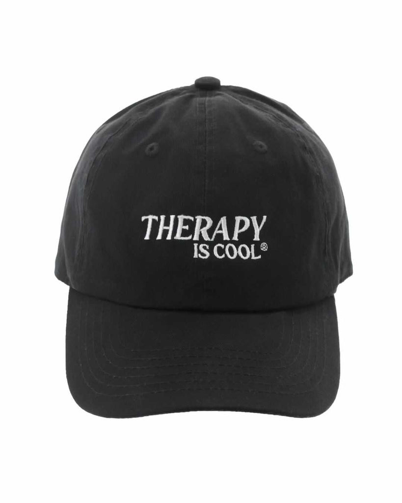 Therapy Is Cool Hat, front photo, black cap and white lettering