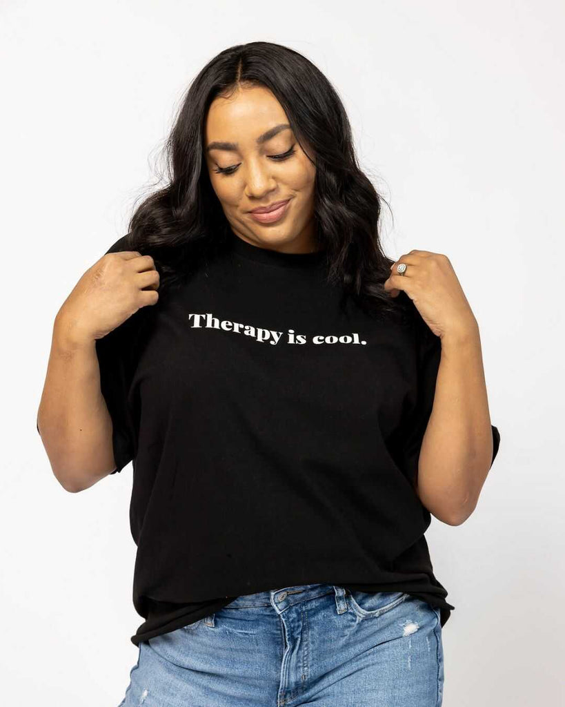 Therapy Is Cool T-Shirt Black 50% Cotton, 50% Polyester, Front side photo.