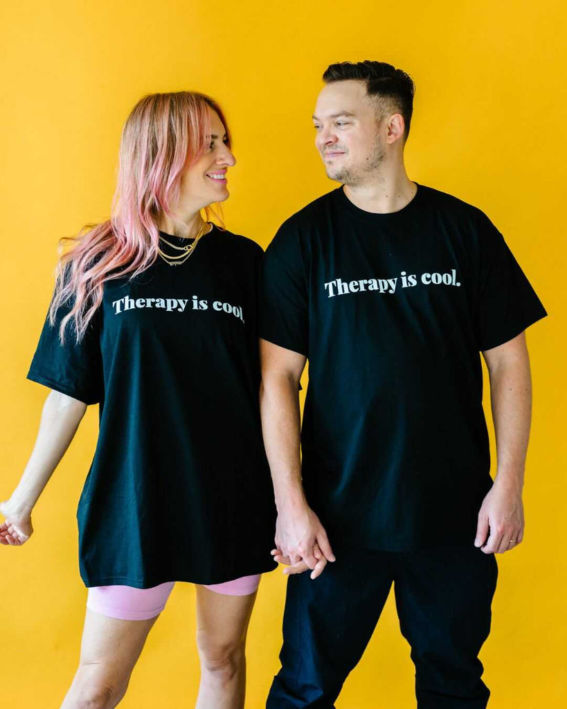 Therapy Is Cool T-Shirt Black 50% Cotton, 50% Polyester, Front side photo, men & women..