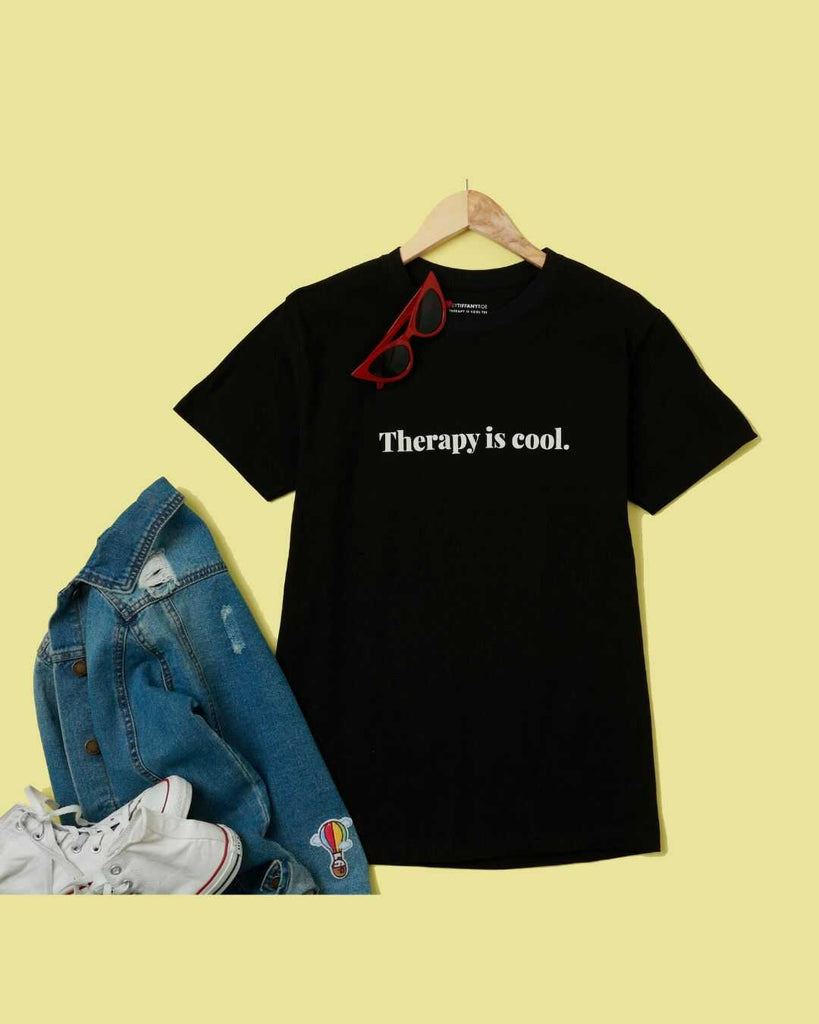 Therapy Is Cool T-Shirt Black 50% Cotton, 50% Polyester, outfit photo.