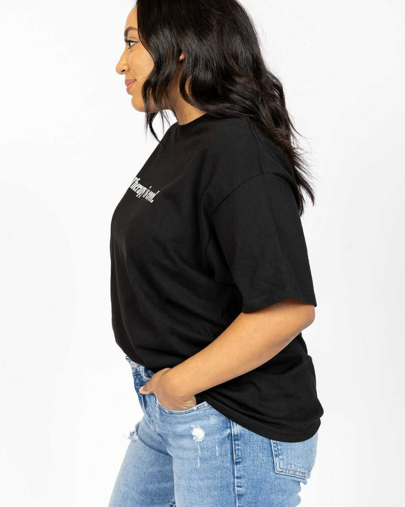 Therapy Is Cool T-Shirt Black 50% Cotton, 50% Polyester, side photo.